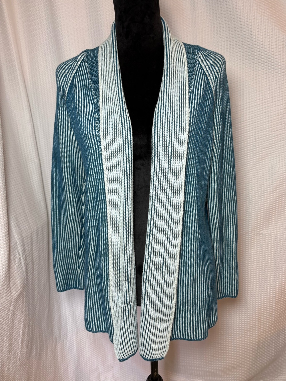 Lands’ End Women’s Teal & White Drifter Shaker Cardigan Open Front Size S